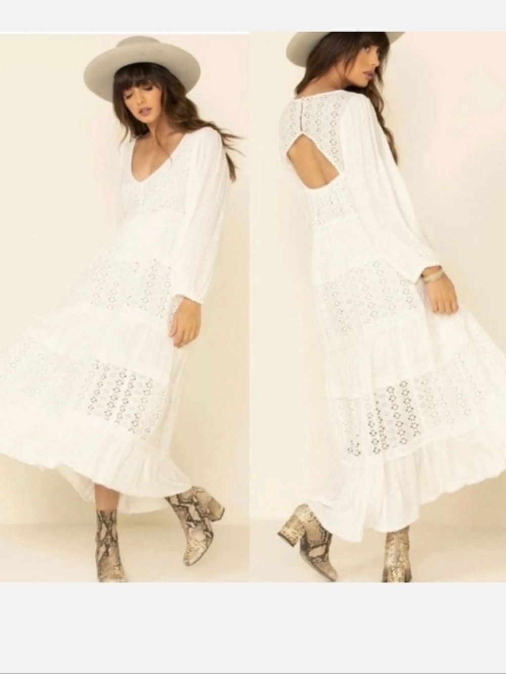 Free People Mockingbird Maxi Dress Eyelet Tiered Boho Chic Cottagecore Sz M
